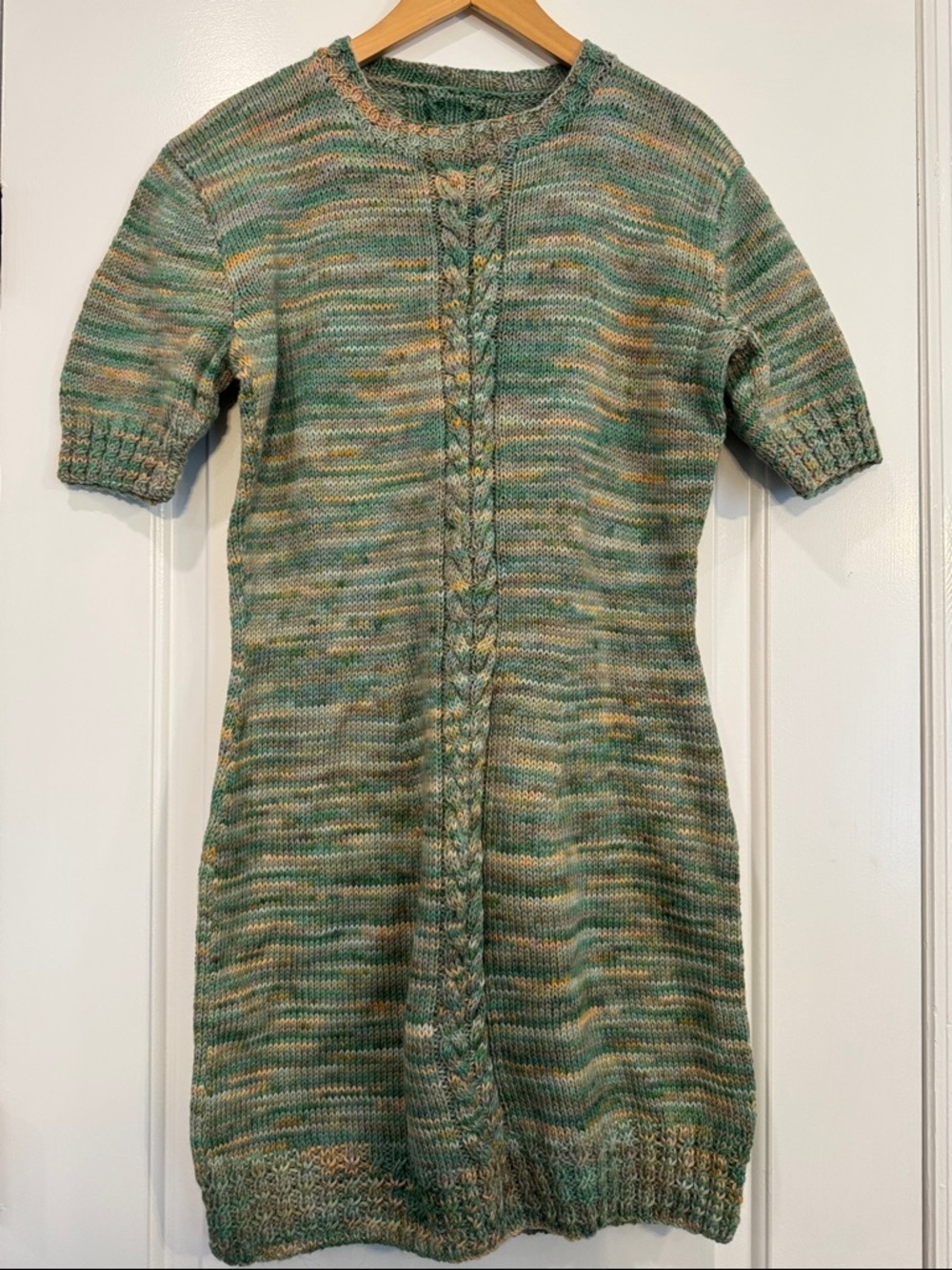 Handknit Short Sleeve Cable-Front center Sweater Dress in Green Multi